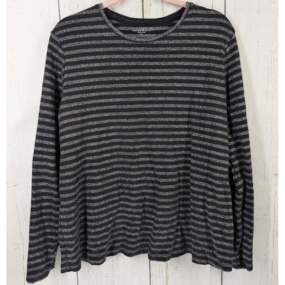 Laura Scott Size XL Black Silver Stripe Casual Long Sleeve Cotton Womens Top